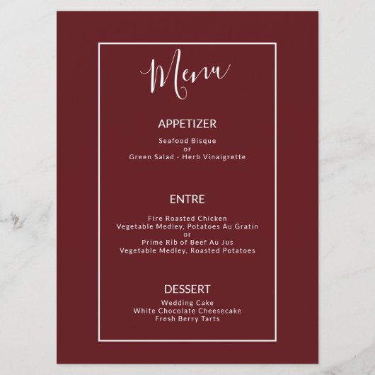 Elegante Bourgogne Bloemen - Huwelijksreceptie Men Menu (Achterkant)