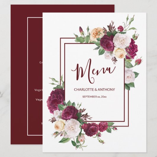 Elegante Bourgogne Bloemen - Huwelijksreceptie Men Menu (Voorkant / Achterkant)