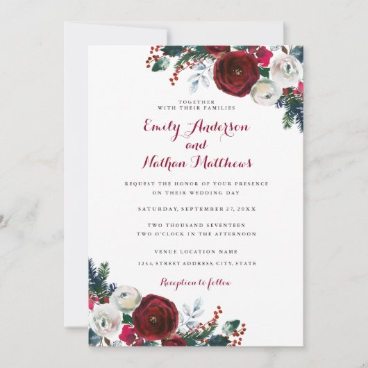 Elegante Bourgogne Bloemen Kerstbruiloft Kaart (Voorkant)