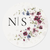 Elegante Bourgogne Bloemen Monogram Initiaal bruil Ronde Sticker (Voorkant)