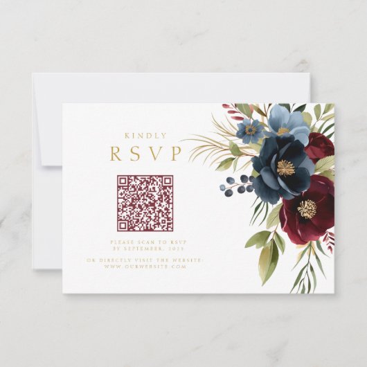 Elegante Bourgogne Bloemen QR code bruiloft RSVP (Voorkant)