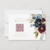 Elegante Bourgogne Bloemen QR code bruiloft RSVP Kaartje (Voorkant)