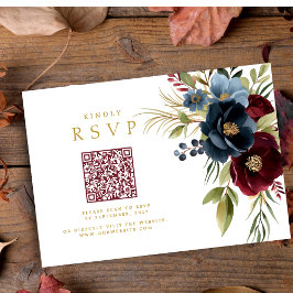 Elegante Bourgogne Bloemen QR code bruiloft RSVP Kaartje