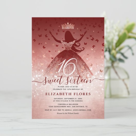 Elegante Bourgogne Bloemen Roos Gold Sweet 16 Kaart (Staand voorkant)