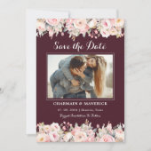 Elegante Bourgogne Bloemen Roze Huwelijk Save the  Kaart (Voorkant)