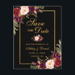 Elegante Bourgogne Bloemen Save the Date Zwart Gou Aankondigingskaart<br><div class="desc">Modern Elegant,  Waterverf Bourgogne Bloemen,  Zwart en Goud Save The Date Verloving Briefkaart</div>