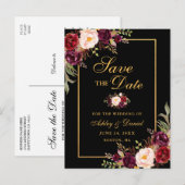 Elegante Bourgogne Bloemen Save the Date Zwart Gou Aankondigingskaart (Voorkant / Achterkant)