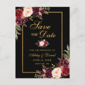 Elegante Bourgogne Bloemen Save the Date Zwart Gou Aankondigingskaart (Voorkant)