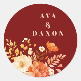 Elegante Bourgogne Bloemen Trouwronde Sticker