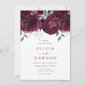 Elegante Bourgogne Bloemen & Zilveren Bruiloft Kaart (Voorkant)