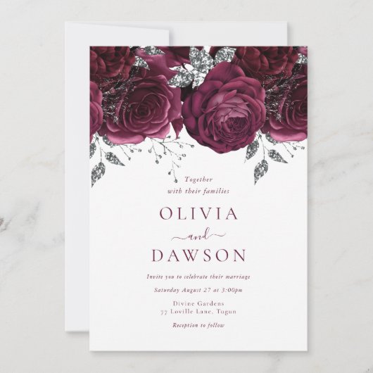 Elegante Bourgogne Bloemen & Zilveren Bruiloft Kaart (Voorkant)