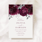 Elegante Bourgogne Bloemen & Zilveren Bruiloft Kaart