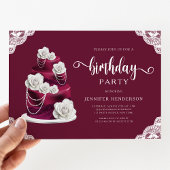 Elegante Bourgogne Bloemencake Verjaardag Kaart