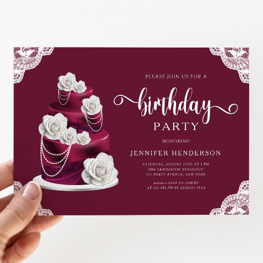 Elegante Bourgogne Bloemencake Verjaardag Kaart