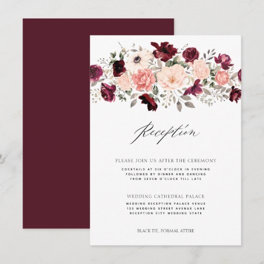 Elegante Bourgogne Blush Bloemen Bruiloft Receptie Informatiekaartje (Voorkant / Achterkant)