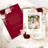 Elegante Bourgogne Blush Bloemen Fotobruiloft Bedankkaart