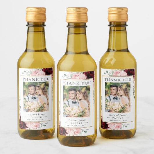 Elegante Bourgogne Blush Bloemen Fotobruiloft Wijn Etiket (Flessen)