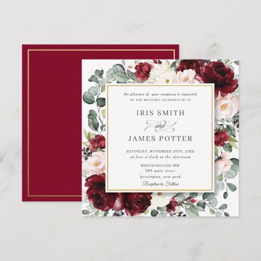 Elegante Bourgogne Blush Bloemen Goud Trouwplein Kaart (Voorkant / Achterkant)