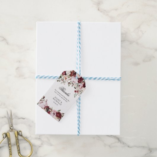 Elegante Bourgogne & Blush Bloemen Huwelijksgunst Cadeaulabel (Met Touw)