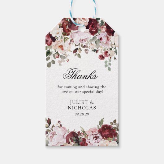 Elegante Bourgogne & Blush Bloemen Huwelijksgunst Cadeaulabel (Voorkant)