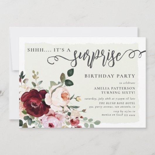 Elegante Bourgogne & Blush Bloemen Verrassing Verj Kaart (Voorkant)