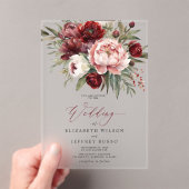 Elegante Bourgogne Blush Botanische Bloemen Huweli Acryl Uitnodigingen (Insitu (Draagbaar))