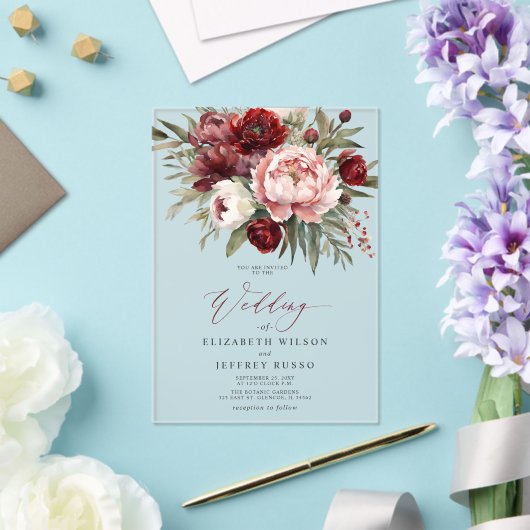 Elegante Bourgogne Blush Botanische Bloemen Huweli Acryl Uitnodigingen (Insitu (Huwelijk))