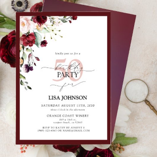 Elegante Bourgogne Blush Floral 50e verjaardag Kaart