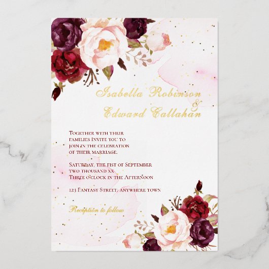 Elegante Bourgogne & Blush Rozen bruiloft Gold Fol Folie Uitnodiging (Voorkant)