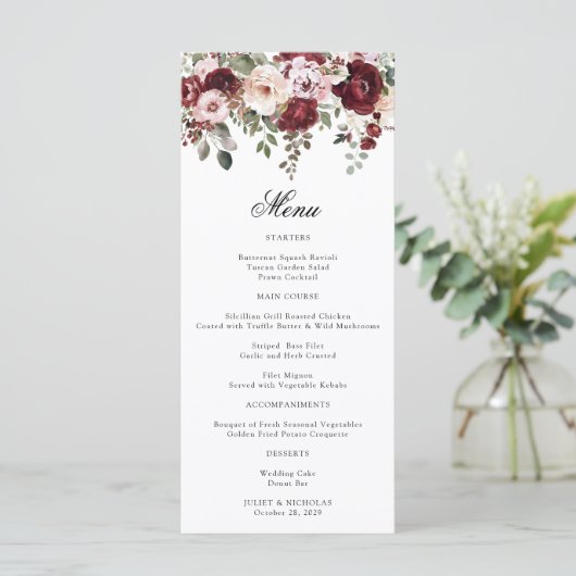 Elegante Bourgogne & Blush Waterverf Bloemen Huwel Menu (Staand voorkant)