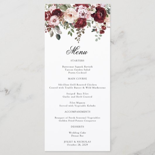 Elegante Bourgogne & Blush Waterverf Bloemen Huwel Menu (Voorkant)