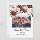 Elegante Bourgogne & Blush Waterverf Bloemen Huwel Save The Date (Voorkant)