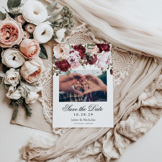 Elegante Bourgogne & Blush Waterverf Bloemen Huwel Save The Date