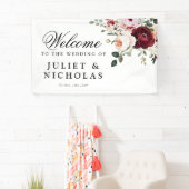 Elegante Bourgogne & Blush Waterverf Bloemen Huwel Spandoek (Insitu)