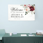 Elegante Bourgogne & Blush Waterverf Bloemen Huwel Spandoek (Beurs)