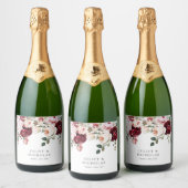Elegante Bourgogne & Blush Waterverf Bloemen Huwel Sparkling Wijnetiket (Flessen)