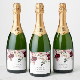 Elegante Bourgogne & Blush Waterverf Bloemen Huwel Sparkling Wijnetiket