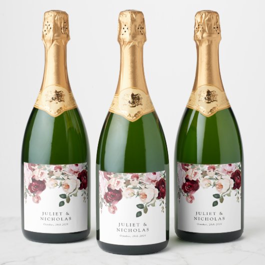 Elegante Bourgogne & Blush Waterverf Bloemen Huwel Sparkling Wijnetiket (Flessen)