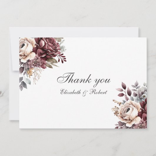 Elegante Bourgogne Boho Floral Wedding Bedankkaart (Voorkant)