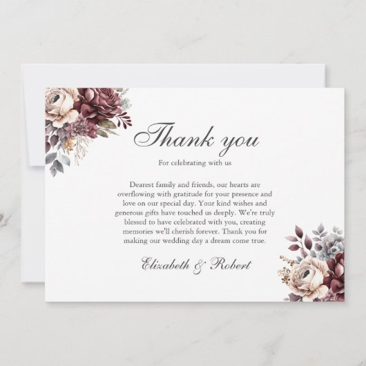 Elegante Bourgogne Boho Floral Wedding Bedankkaart (Achterkant)