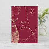 Elegante Bourgogne & Bord Gold Marble Save the Dat Kaart (Staand voorkant)