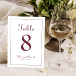 Elegante Bourgogne Bruiloft Receptie Tafel Formeel Kaart<br><div class="desc">Bruiloft Tafel Nummer event party design heeft een klassieke elegantie met hedendaagse bordeaux op een knapperige witte achtergrond. Personaliseer het ontwerp van de huwelijkstafel met jouw naam, huwelijksdatum en lijstaantal in trendy belettering en script. De achterkant van de kaart is een duplicaat van de voorkant. Volg onze gebruiksvriendelijke sjabloon om...</div>