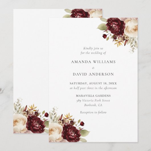 Elegante Bourgogne Cream Bloemen Bruiloft Kaart (Voorkant / Achterkant)