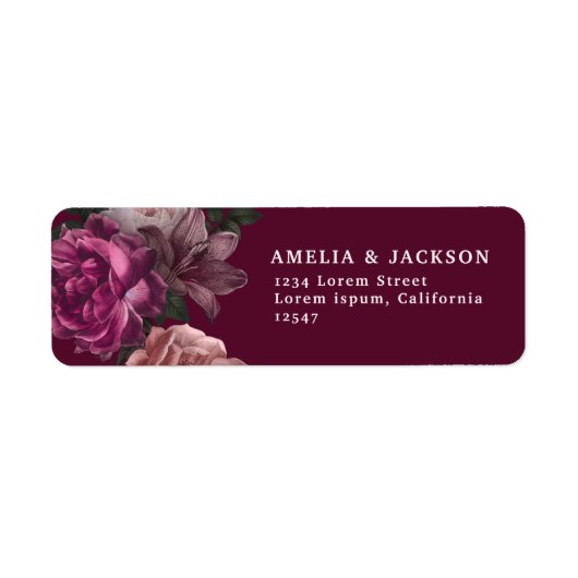 Elegante Bourgogne Dark Moody Bloemen Huwelijk Etiket (Voorkant)