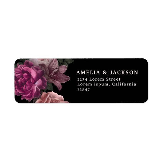 Elegante Bourgogne Dark Moody Bloemen Zwarte Huwel Etiket (Voorkant)