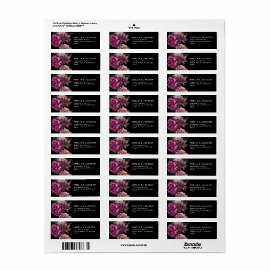 Elegante Bourgogne Dark Moody Bloemen Zwarte Huwel Etiket (Full Sheet)
