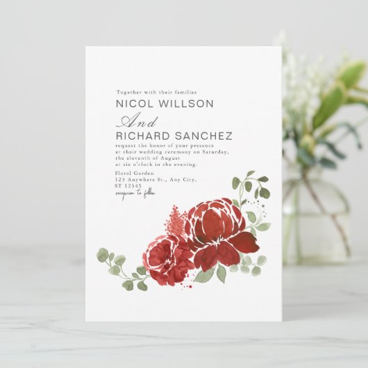 Elegante Bourgogne Donkergroene Bloemen Winter Wed Kaart (Staand voorkant)