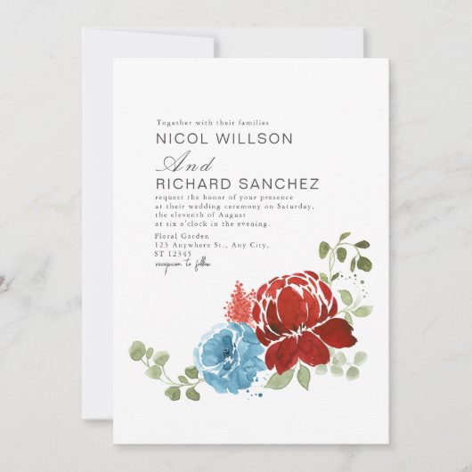 Elegante Bourgogne Dusty Blue Floral Winter Weddin Kaart (Voorkant)