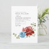 Elegante Bourgogne Dusty Blue Floral Winter Weddin Kaart (Staand voorkant)