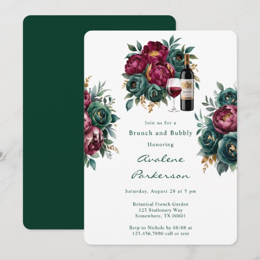 Elegante Bourgogne Emerald Peony Brunch en Bubbly Kaart (Voorkant / Achterkant)